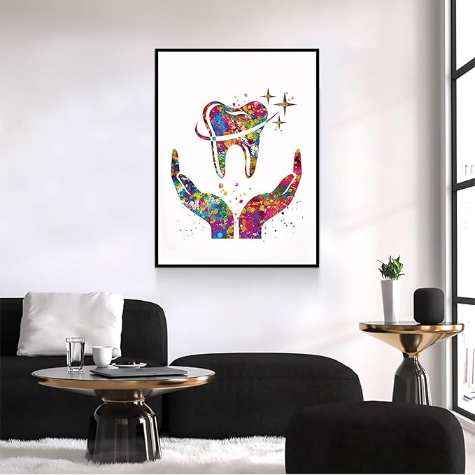 HFKSRJGW Medical Decor Dentistry,Dental Care Art Watercolor Print Tooth Medical Art Surgeon Dental Clinic Decor Gift Dental Dentist Art Dentistry Office Dental Hygienist,16"x20"Framed Wall Art