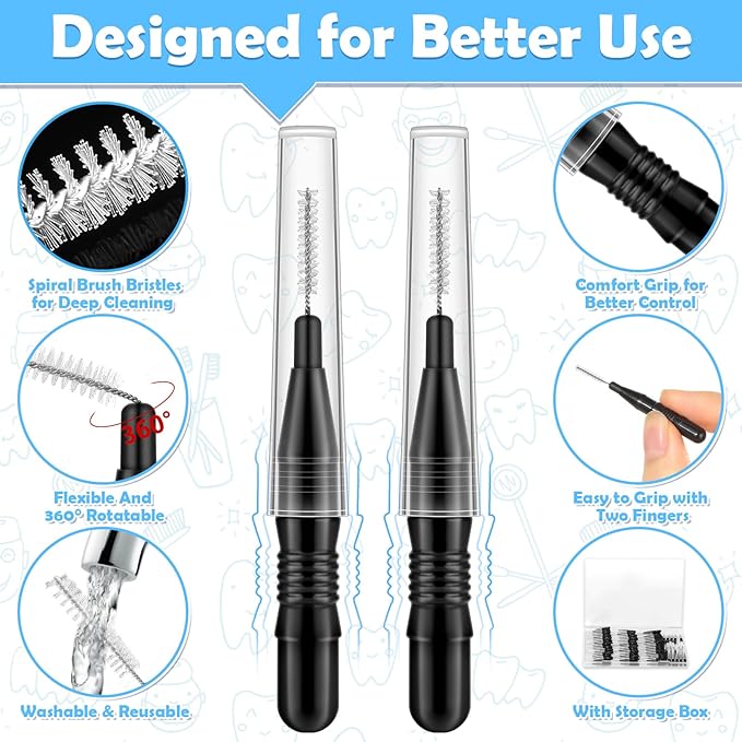 120Pcs Interdental Brushes, 360° Bendable Soft Bristles Braces Flossers Dental Brushes Between Teeth Gum Interdental Brushes for Gum Braces Oral Teeth Cleaning Tool （Black）