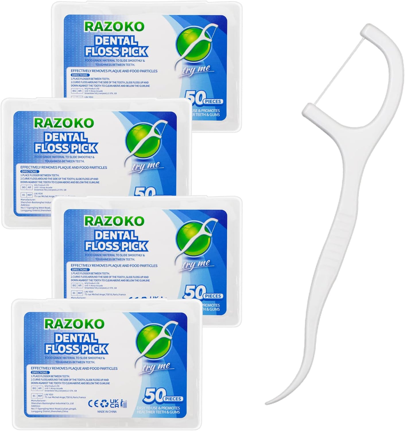 RAZOKO Dental Floss Picks High Toughness Professional Toothpicks Sticks 4-Pack(200pcs) with Portable Case and Dental Picks Perfect for Family,Hotel,Travel