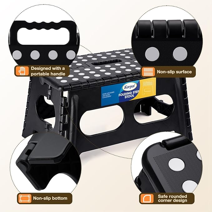 Korpai 9" Folding Step Stool for Adults and Kids 15-Inch Extra Wide Stool Holds Up to 300 lbs,Non-Slip Folding Stools with Handle,Compact Plastic Foldable Step Stool for Bathroom,Kitchen,ect