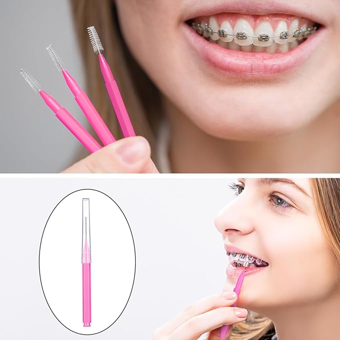 Patelai 100 Pieces Braces Brush for Cleaner Interdental Brush Toothpick Dental Tooth Flossing Head Oral Dental Hygiene Flosser Toothpick Cleaners Tooth Cleaning Tool(Pink,Portable Size)