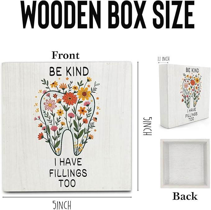 Floral Tooth Wooden Signs,Dental Decor Wooden Box Sign,Funny Dental Hygienist Decor For Home Desk Tabletop Shelf Decoration 5x5 Inches