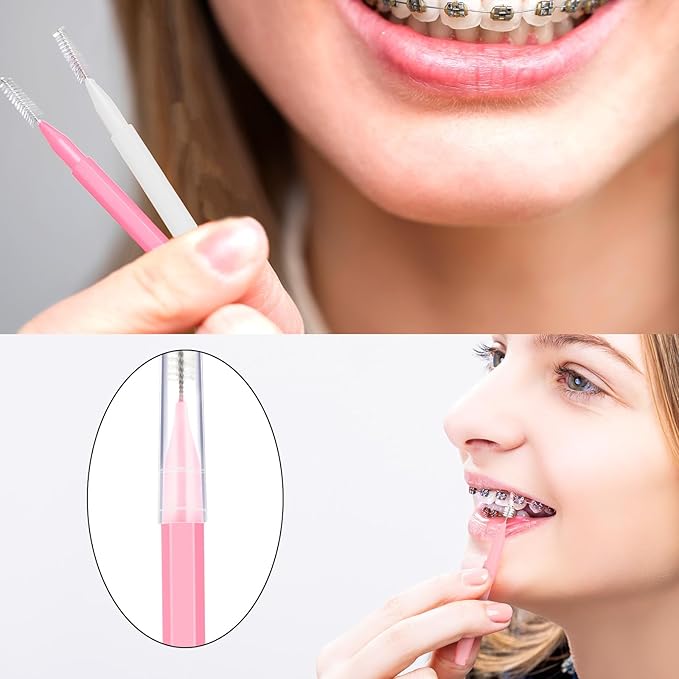Patelai 100 Pieces Braces Brush for Cleaner Interdental Brush Toothpick Dental Tooth Flossing Head Oral Dental Hygiene Flosser Toothpick Cleaners Tooth Cleaning Tool(White, Light Pink,Multiple Sizes)