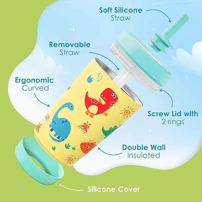 Kid Insulated Stainless Steel Tumbler with Silicone Straw, 12oz Sippy Cup for Kids (Playful Dinosaurs)