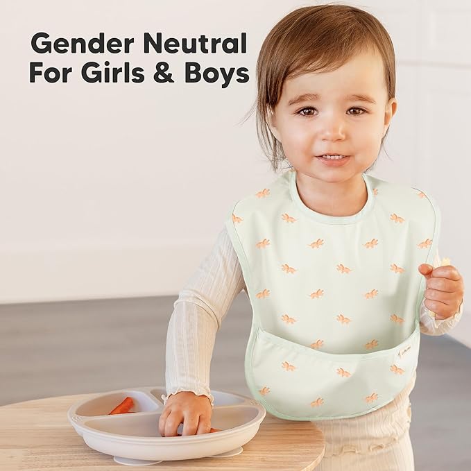 3-Pack Waterproof Baby Bibs for Eating - Lightweight Toddler Feeding Bibs with Large Food Catcher, Mess Proof, Food-Grade Baby Eating Essentials, Easy to Put On & Clean (Wilderness)