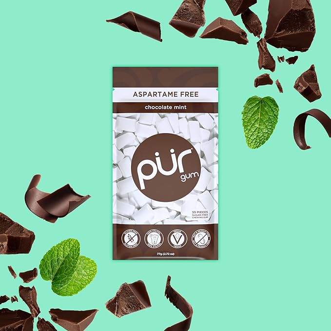 PUR Gum | Aspartame Free Chewing Gum | 100% Xylitol | Natural Chocolate Mint Flavored Gum, 55 Pieces (Pack of 12)