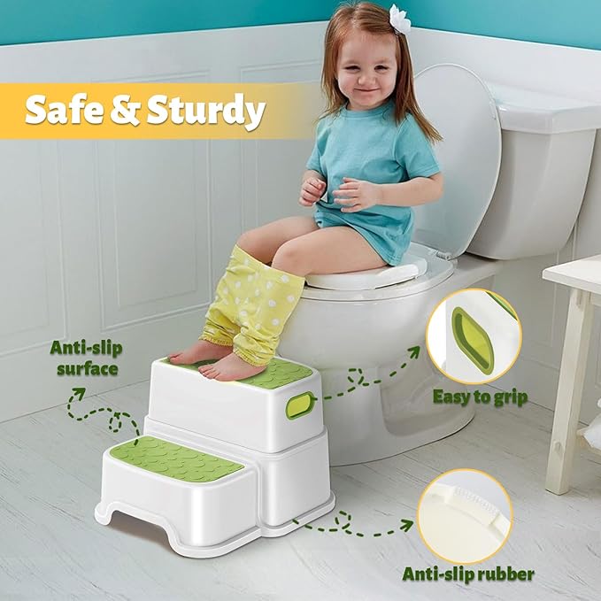 WELSPO 2 Step Stool for Kids, Toddler Step Stool for Bathroom, Kitchen, Bedroom, Living Room, Non-Slip Toddlers Toilet Potty Stool with Handles Baby Child Kid Plastic Poop Stools(Green)