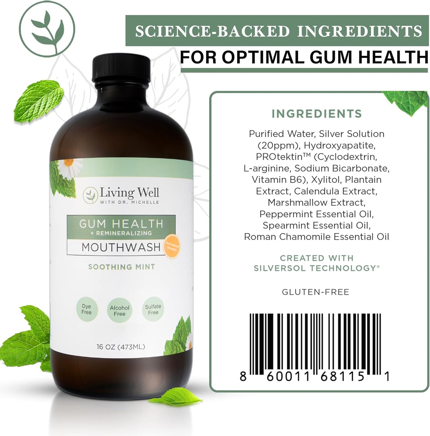 Living Well with Dr. Michelle Remineralizing + Gum Health Mouthwash – Soothing Mint | Hydroxyapatite, Colloidal Silver | Alcohol-Free, Fluoride-Free, Fresh Breath Support