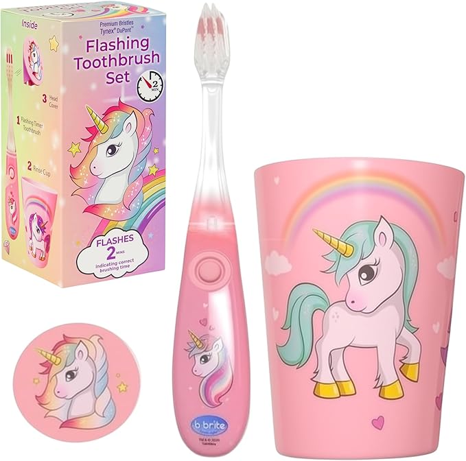 Lily's Home Kids Flashing Timer Toothbrush kids with Soft Bristles, Rising Cup & Cover - Fun 2-Min Light-Up Brushing for Children - Toddler Soft Toothbrush Kit (unicorn)