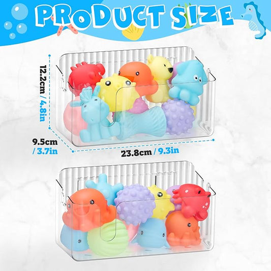 2-Pack Clear Bath Toy Storage Holder Organizer, Large Capacity Durable Plastic Bathtub Shower Caddy with Drain Holes, Quick-Dry Drainable Easy Install (Clear White 2-Pack)