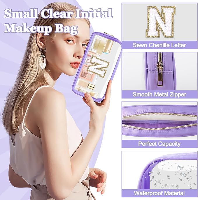 Small Clear Personalized Initial Makeup Bag,Nylon Preppy A-Z Chenille Letter Patch Cosmetic Pouch Beach Toiletry Bag,Waterproof Zip Travel Purse Storage Bag Organizer for Women Girls(Purple-White N)
