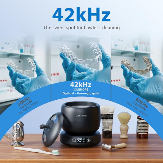 Ultrasonic Retainer Cleaner Machine, 42kHz Professional for Dentures, Aligners, Mouth Guards, Jewelry - IPX7 Waterproof Durable Removable Base and Top Cover, 3 Timer Settings, Quiet Black