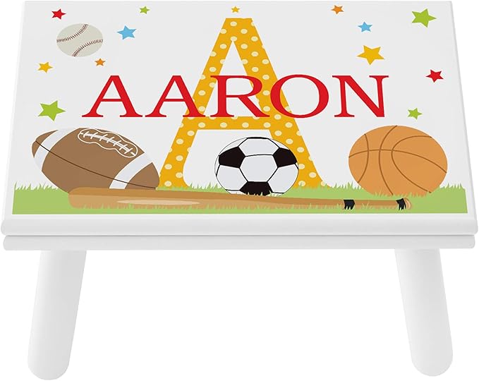 Let’s Make Memories Personalized My Own Name Step Stool - Children’s Step Stool - Sturdy Wood – Non-Toxic Paint, Sealer - Sports Design - White - 14’Wx9.25”Lx8.75”H - Ages 3+