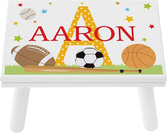 Let’s Make Memories Personalized My Own Name Step Stool - Children’s Step Stool - Sturdy Wood – Non-Toxic Paint, Sealer - Sports Design - White - 14’Wx9.25”Lx8.75”H - Ages 3+