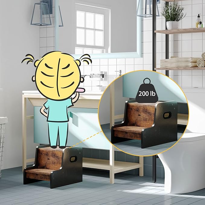 HOOBRO Step Stool for Kids, Two Step Toddler's Stool, Kids Potty Training Stool with Handles, Non-Slip Pads for Safety, Easy to Move, for Sink, Bathroom, Bedroom, Rustic Brown BF01JD01G1