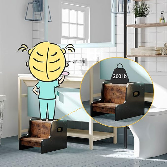 HOOBRO Step Stool for Kids, Two Step Toddler's Stool, Kids Potty Training Stool with Handles, Non-Slip Pads for Safety, Easy to Move, for Sink, Bathroom, Bedroom, Rustic Brown BF01JD01G1