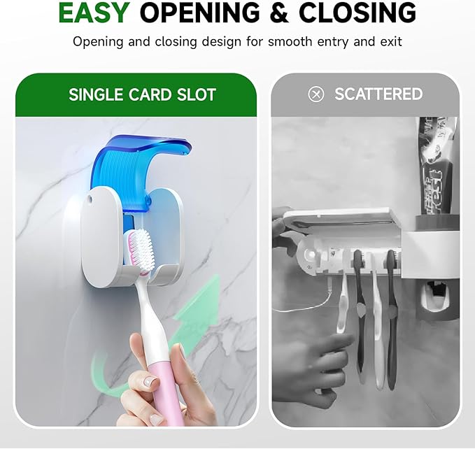 2 Pcs Toothbrush Holders Wall Mounted, Single Slot Design, Shower Self Adhesive Wall Mounted Toothbrush Holder with Cover, Waterproof and Dustproof, Suitable for Bathroom, Family, Travel (Blue)