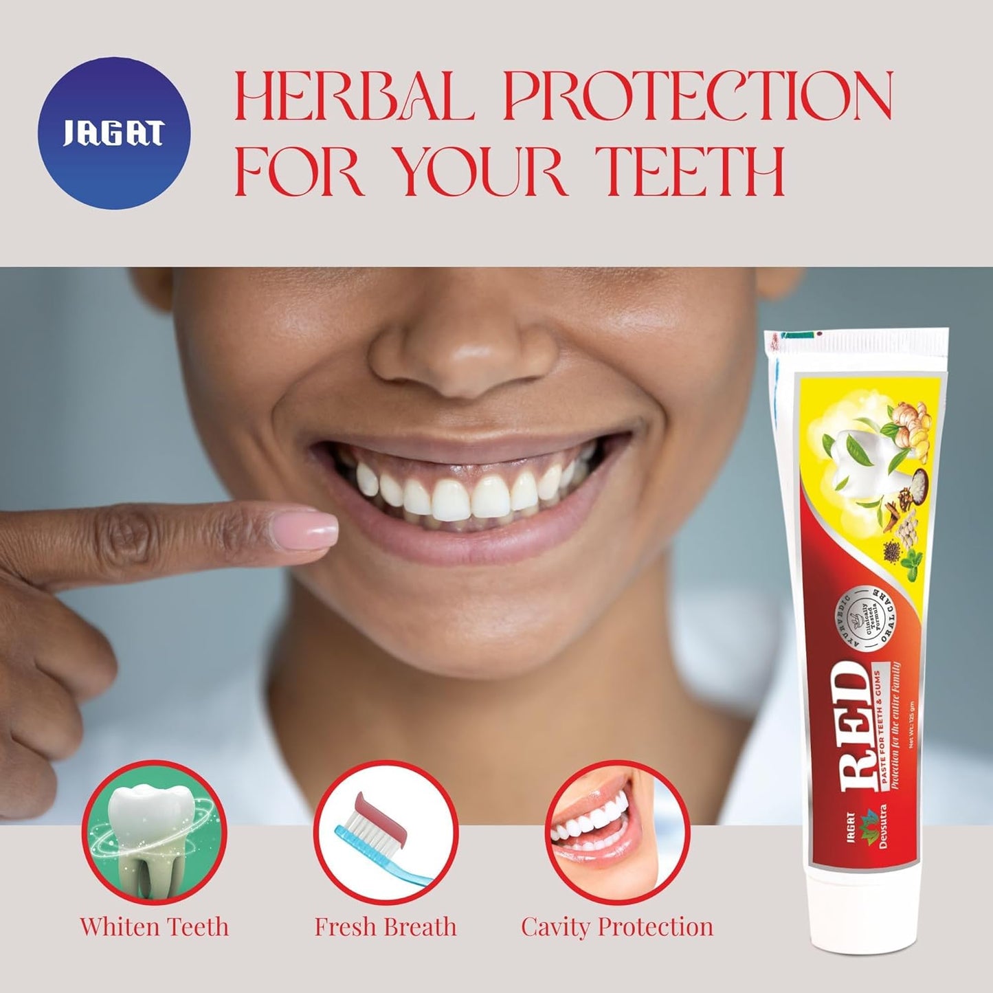 Jagat Herbal Red Toothpaste for Fresh Breathe, Doctor Recommended Natural Ayurvedic Toothpaste, Organic 100% Natural Teeth Whitening, Fluoride Free & Protects Gums, Vegan - Pack of 2