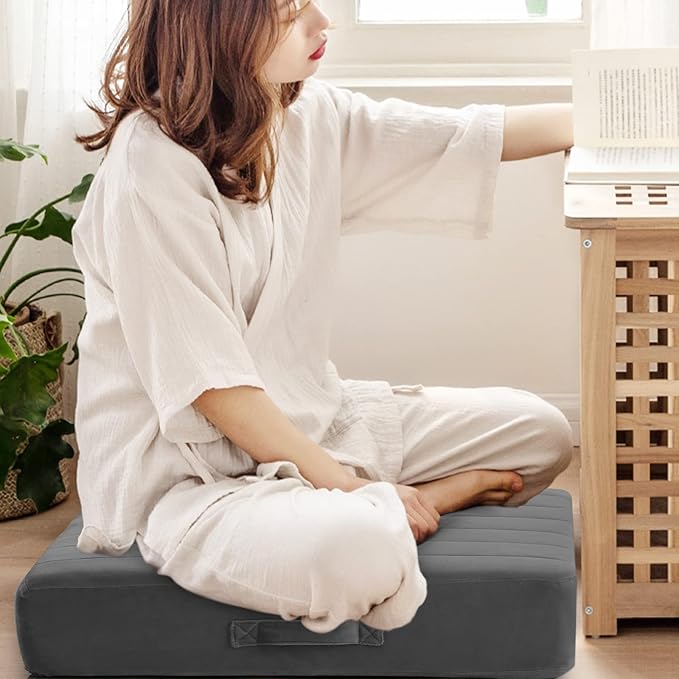 MeMoreCool Floor Pillow 22"x22" – Tufted Meditation Cushion with Foam Core, Grey Washable Cover & Handle | 5" Thick Firm Foam | for Adults, Kids, Yoga, Tatami, Pet Seating