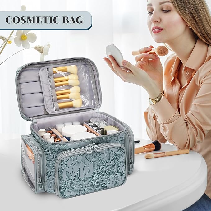 Large Makeup Bag, Portable Travel Makeup Bag Organizer for Women Girls with Makeup Brush Compartment & Two Side Pockets, Cosmetic Travel Bag Vertical Storage Toiletry - Floral Blue