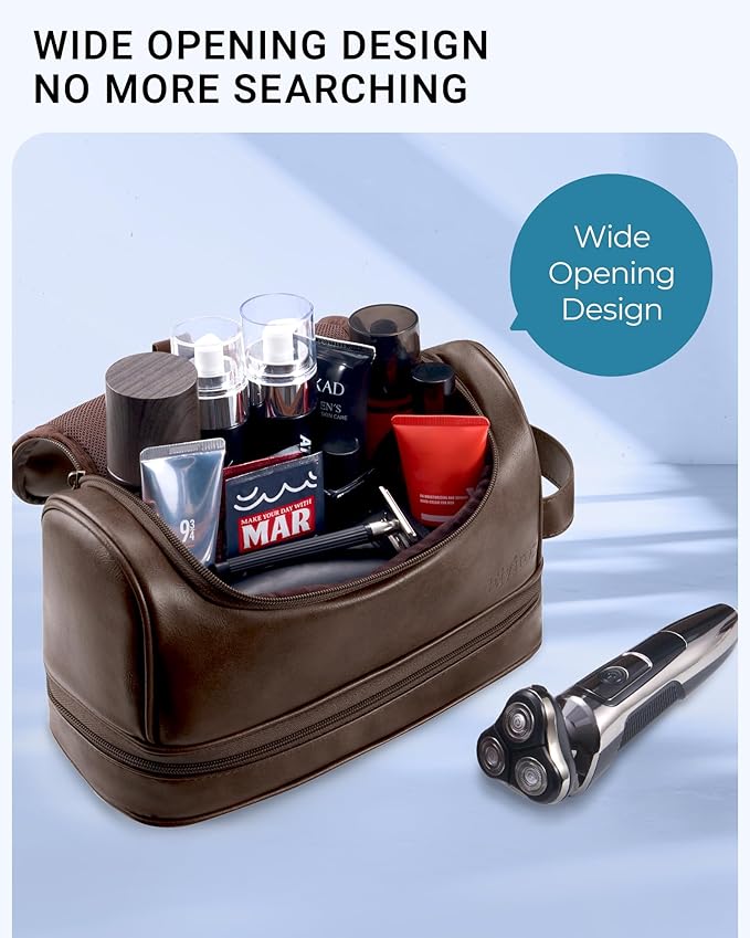 Elviros Toiletry Bag for Mens PU Leather Travel Organizer Kit with Hanging hook, Large Water-resistant Toiletries Bathroom Shaving Bags (Extra Large, Coffee)