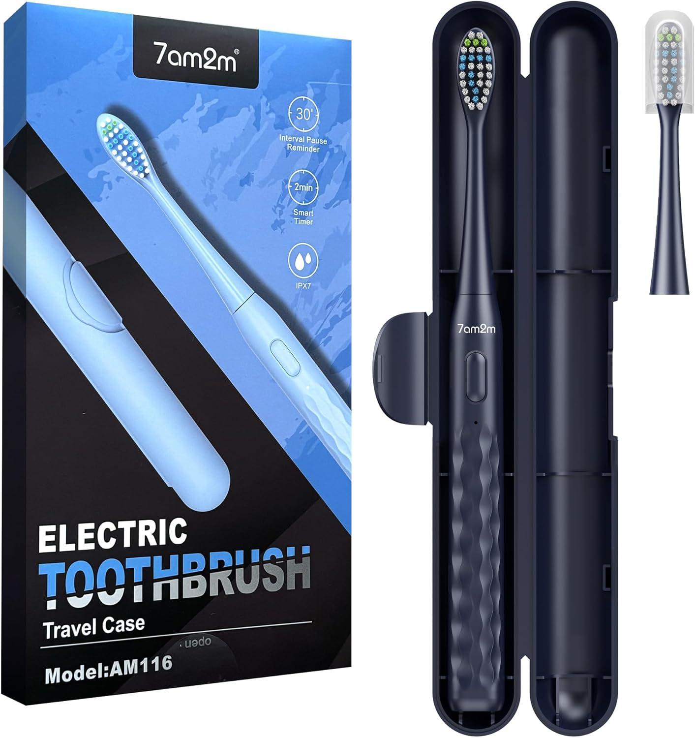 7AM2M Sonic Electric Toothbrush for Adults & Kids, with Travel Case&2 Brush Heads, 1 Charge for 90 Days, Type-C Rechargeable Sonic Toothbrush, Compact Design for Daily/Travel Use - Navy