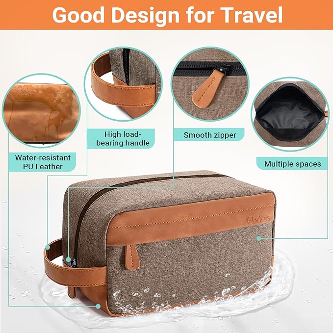 Elviros Travel Toiletry Bag for Men Hanging Dopp Kit Water Repellent PU Leather Shaving Bag with Large Capacity for Travel and Bathroom, Khaki