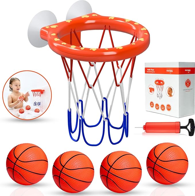 Bath Toys, Bathtub Basketball Hoop for Toddlers Kids, Boys and Girls with 4 Soft Balls, Mold Free & Strong Suction Cup, Bathtub Shooting Game & Fun Toddlers Bath Toys for Boys or Girls