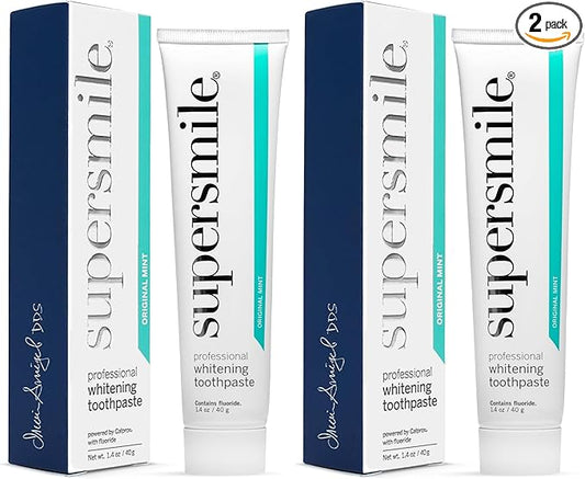 Supersmile Professional Whitening Toothpaste w/Fluoride - Removes Stains & Whitens Teeth 6 Shades - Enamel Strengthening - No Sensitivity - Travel Size (Original Mint, 1.4 Oz) (Pack of 2)