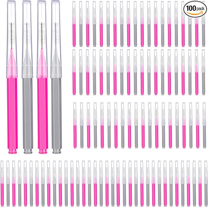 Patelai 100 Pieces Braces Brush for Cleaner Interdental Brush Toothpick Dental Tooth Flossing Head Oral Dental Hygiene Flosser Toothpick Cleaners Tooth Cleaning Tool(Pink, Grey,Ideal Size)