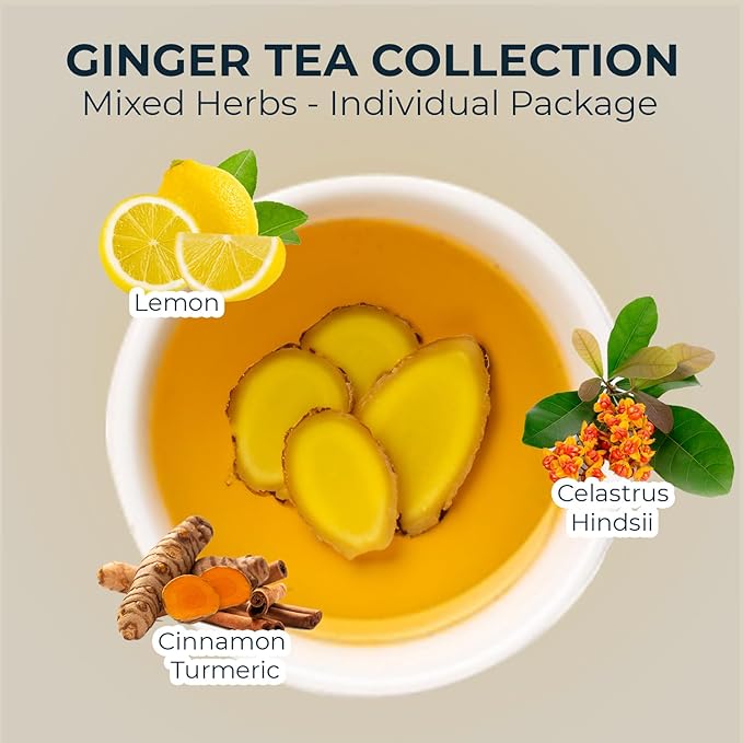 Pure Ginger Tea Bags with Celastrus Hindsii - 55 Count (+5 Tea Bags) - 5.15 oz, Re-Steep Herbal Tea Blend, Corn Based Bags, Bamboo Tong Include, No Sugar Added, Natural Ginger Tea