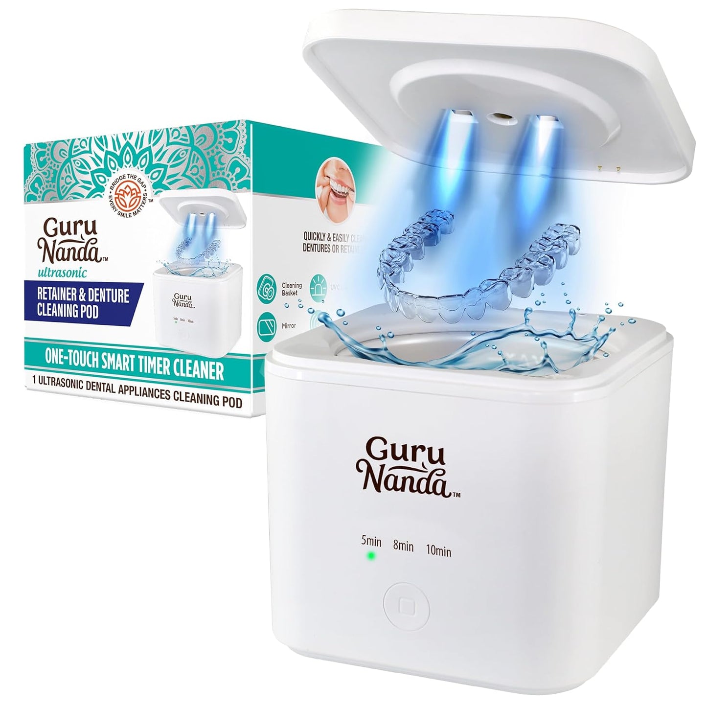 GuruNanda Retainer & Aligner Cleaning Pod for Retainers, Dentures, Mouthguards, Aligners, & Jewelry, 3 Modes, 45kHz Ultrasonic Retainer Cleaner, 190 ml capacity