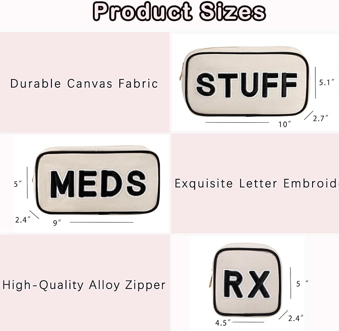 3Pcs Canvas Rx MEDS STUFF Packages, Cute Chenille Letter Patch Drug Makeup Bag with Metal Zipper, Mini Travel First Aid Purse Organizer Machine Washable (3Pcs Bags)