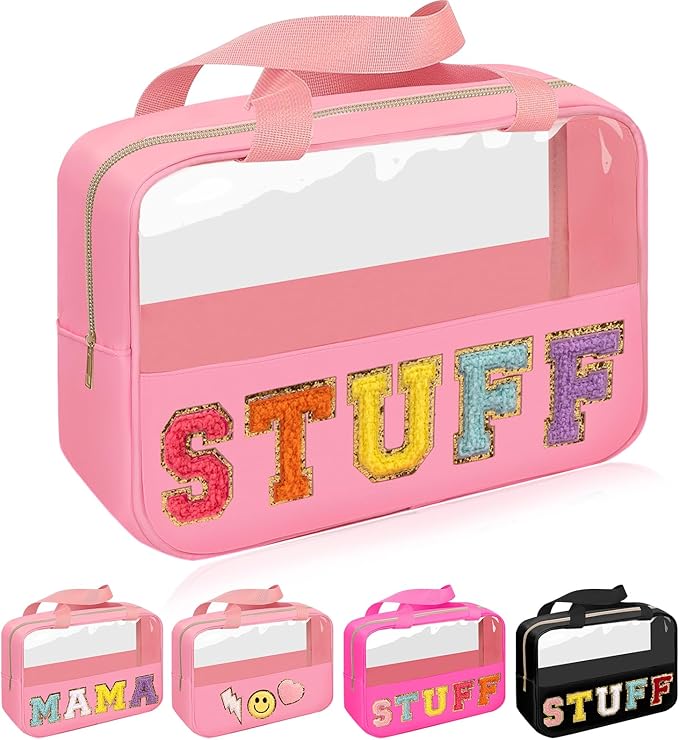 Iqimott Chenille Letter Patch Stuff Bag, Preppy Clear Makeup Cosmetic Bag Large Toiletry Storage Tote Bag with Handle, Transparent Nylon Waterproof Organizer Zipper Pouch for Travel Women Girls(Pink)