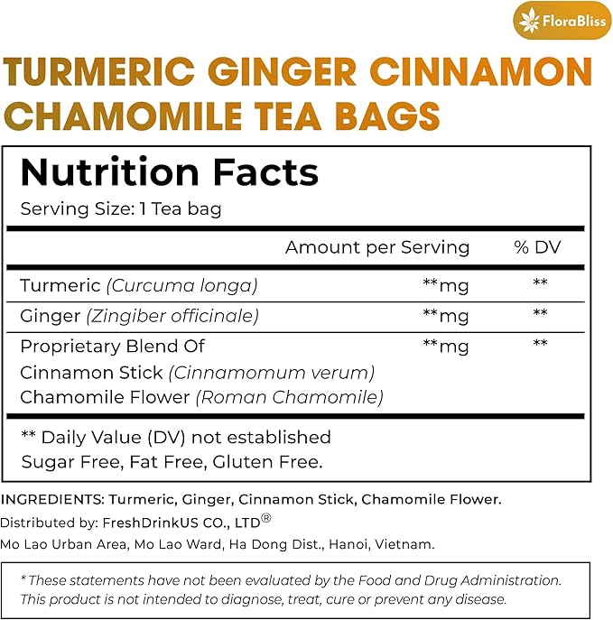 FloraBliss 50 Bags Premium Turmeric Ginger Cinnamon Tea with Upgraded Chamomile, Extra Strength 2.2g/Bag, 100% Natural, Caffeine-Free, Vegan, Eco-Friendly, Supports Digestion, Relaxation