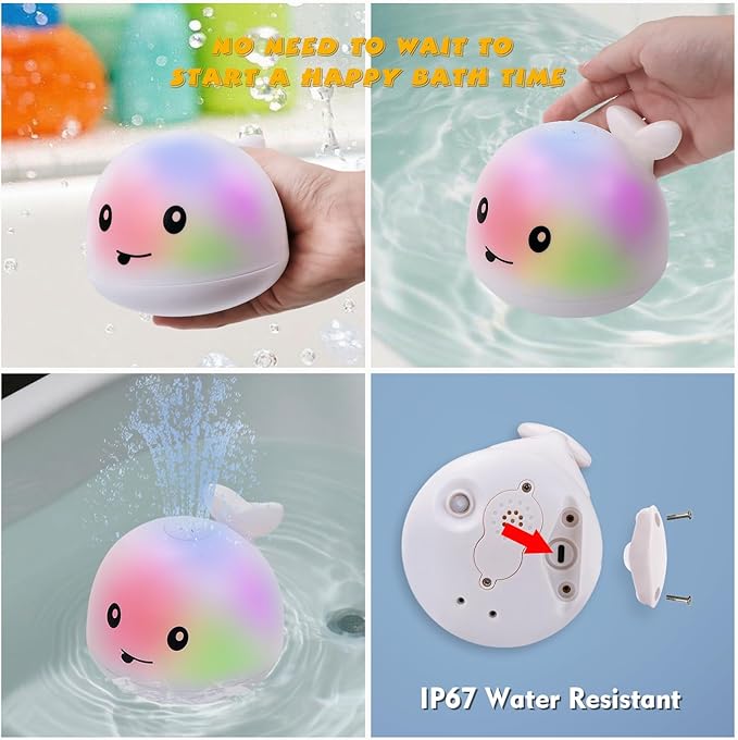Light Up Bath Toy Sprinkler for Babies, Rechargeable Bathtub Pool Water Toys Baby Gifts for Toddlers, Shower Essentials (White Whale)