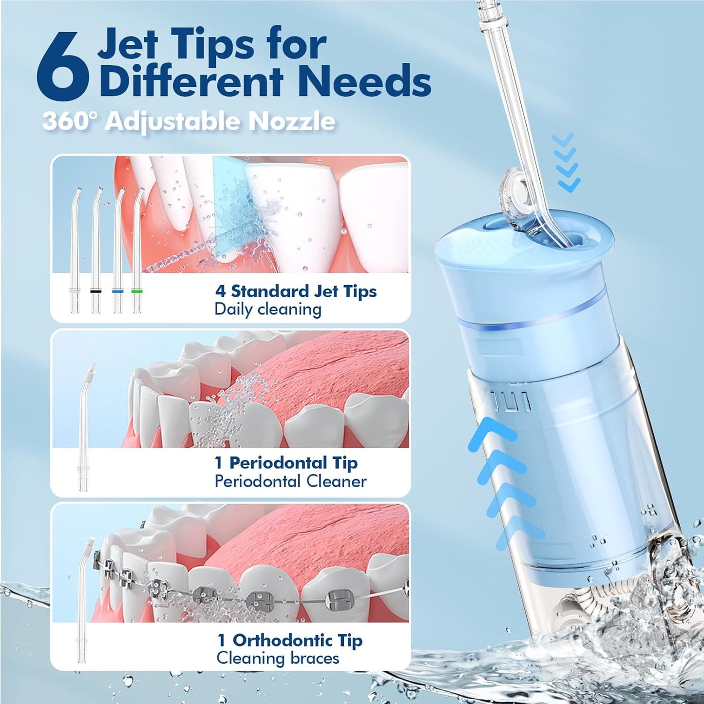 Water Flosser Mini Cordless Portable: 5 Modes Water Dental Floss with Telescopic Water Tank, 6 Tips, IPX7 Waterproof Oral Irrigator for Teeth Cleaning Gums,Orthodontic,Braces Dental Care (Sky Blue)