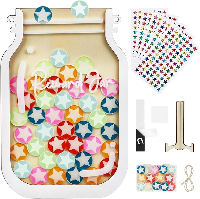 Herda Personalized Magnetic Reward Jar with 420 Pcs Holographic Stars Stickers - Responsibility Chart for Classroom Board, Home Routine Training & Kids Positive Behavior Management Tool(42Pcs Stars)