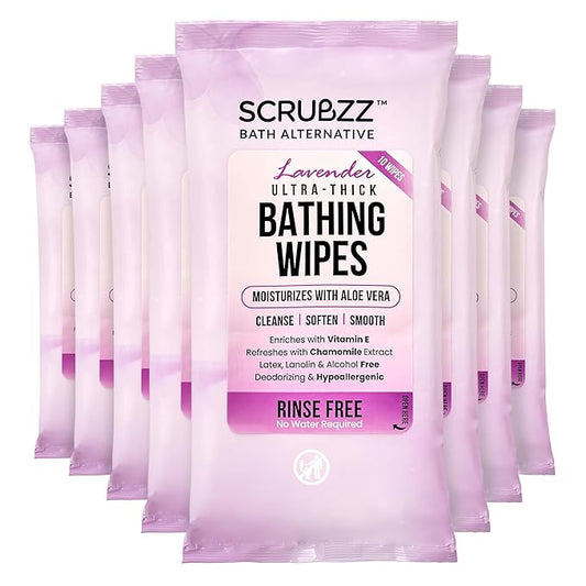 Extra Large Bath Wipes for Adults Bathing No Rinse - 80 Disposable Body Cleansing Wipes for Men, Women & Elderly - Great for Gym, Camping, Post Surgery - Shower Wipes - Lavender