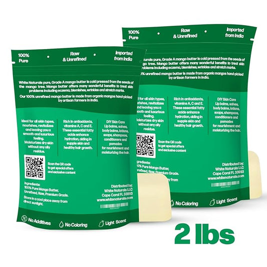 Unrefined Organic Mango Butter 2 lb (Each In 1lb Bags) Raw, Natural, Pure, Use Alone or in DIY Whipped Body Butters, Soap base, Lotions, Lip Balms, Hair Masks