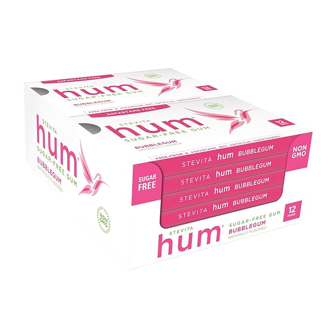 Stevita Hum, Bubblegum - Sugar-Free Gum - 12 Pieces, Pack of 12 - Supports Oral Health - Non-GMO, Vegetarian, Keto, Gluten Free - 72 Total Servings