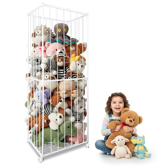 Stuffed Animal Storage, Metal Tube Extra Large Toy Storage Organizer with Brake Wheels, Stuffed Animal Holder Zoo Organizer for Nursery Playroom Kids Room White(61” x 23.6”x 16.5”)