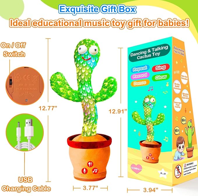 Rechargeable Dancing Talking Cactus Toy for Baby, Volume Adjustable, Singing, Mimicking, Repeating, Kids Baby Toys for Girls Boys, Birthday or Chirstmas Gifts for Grandkids, Stocking Stuffers for Kids