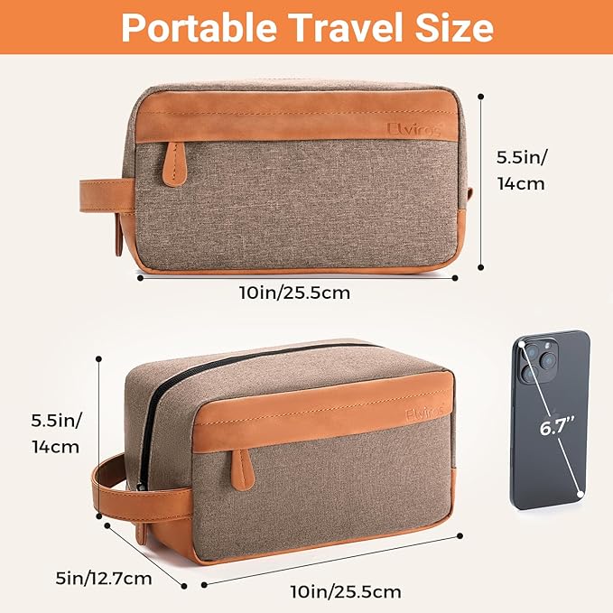 Elviros Travel Toiletry Bag for Men Hanging Dopp Kit Water Repellent PU Leather Shaving Bag with Large Capacity for Travel and Bathroom, Khaki