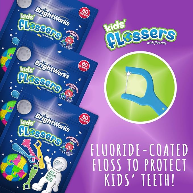 BrightWorks Kids Fun Space Flossers, Mixed Berry Flavor Fluoride [240 Floss Picks Total] Colorful Space Shapes: Astronaut, Rocketship, UFO, Earth. 100% Recycled Plastic Material. 80 Count (Pack of 3)