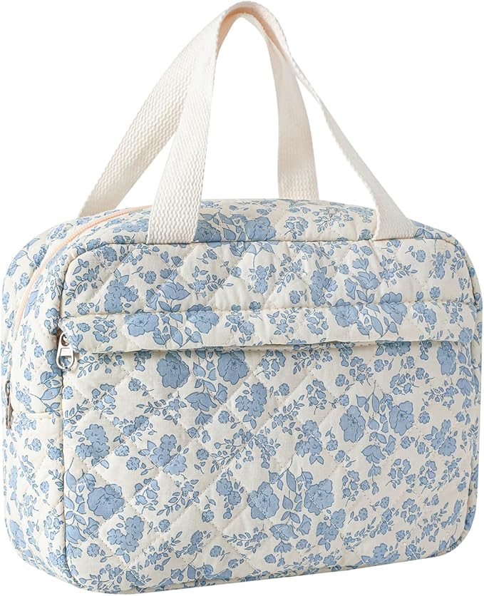 Large Size Quilted Coquette Makeup Bag, Cute Preppy Floral Cotton Travel Cosmetic Organizer Bag with Top Handle, Multi-Layer Travel Toiletry Pouch (01Lightblue Flower)