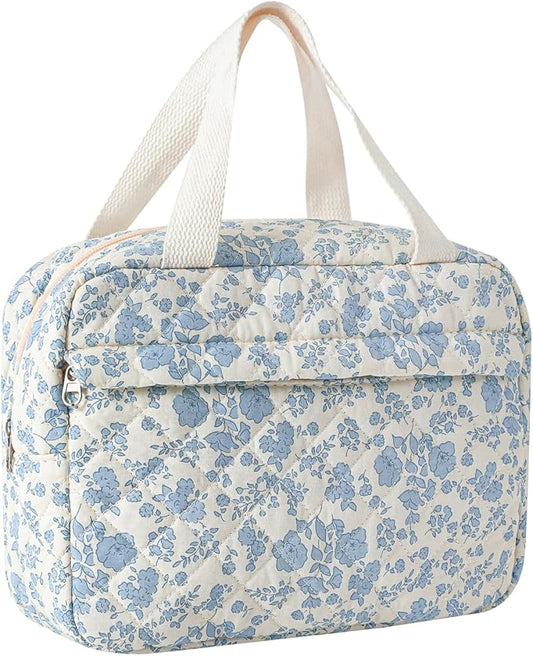Large Size Quilted Coquette Makeup Bag, Cute Preppy Floral Cotton Travel Cosmetic Organizer Bag with Top Handle, Multi-Layer Travel Toiletry Pouch (01Lightblue Flower)