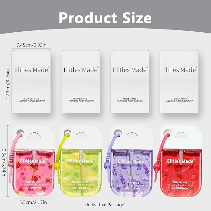 Hand Sanitizer Spray, 4Pack Spray Hand Sanitizer Travel Size With Cute Keychain, Scented Power Mist Hydrating for Kids Christmas Gifts, 1.35FL.OZ (Watermelon,Strawberry,Lemon,Lavender
