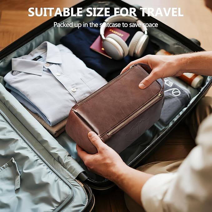 Personalized Toiletry Bag for Men,Initial Mens Toiletry Bags for Traveling,Men Travel Toiletries Bag,PU Leather Shaving Bag for Toiletries Accessories kit,Dark Brown I