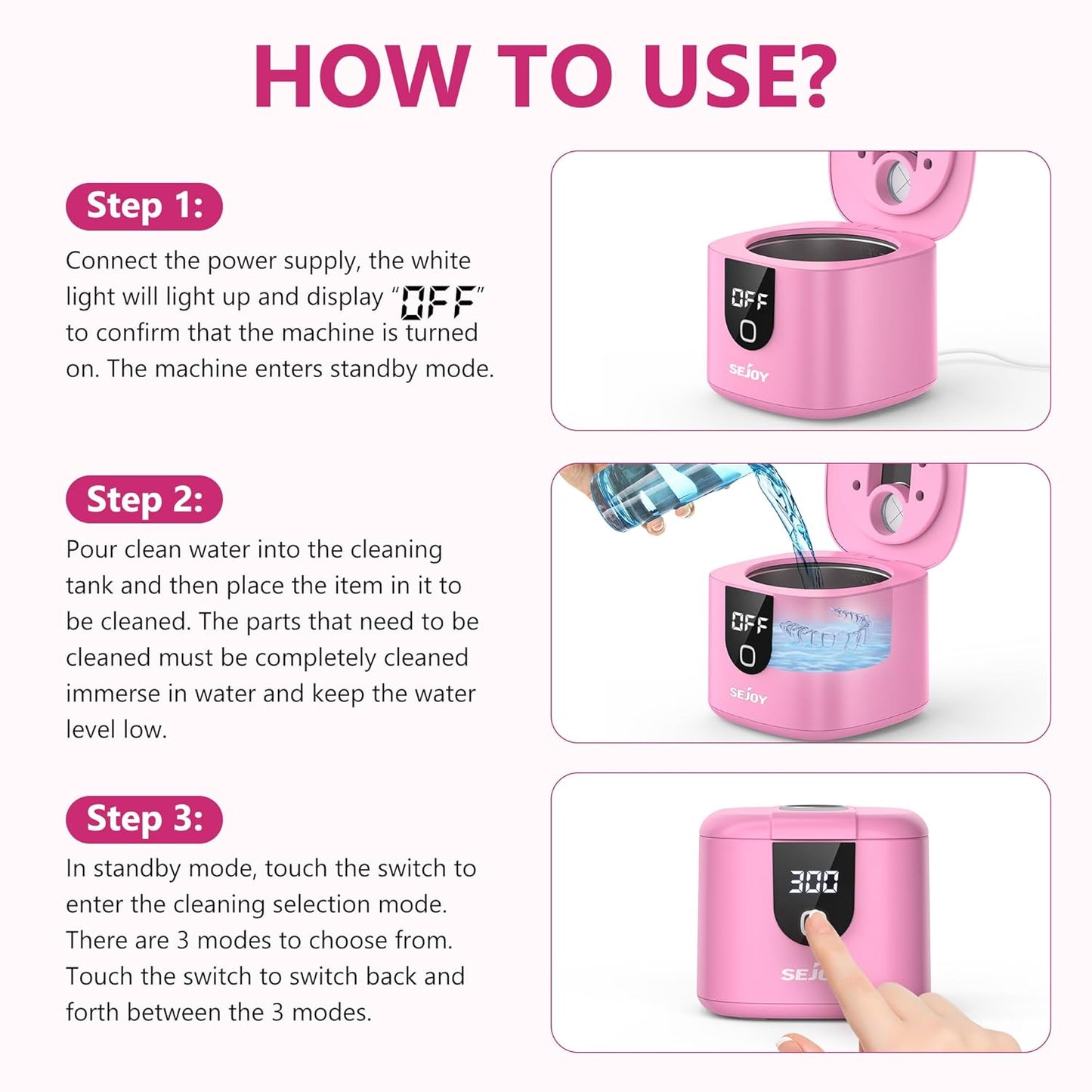 Sejoy 45kHz Ultrasonic Retainer Cleaner, U-V Double Denture Cleaning Machine with Digital Timer, Cleaner for Braces, Mouth Guards, Rings, Toothbrush